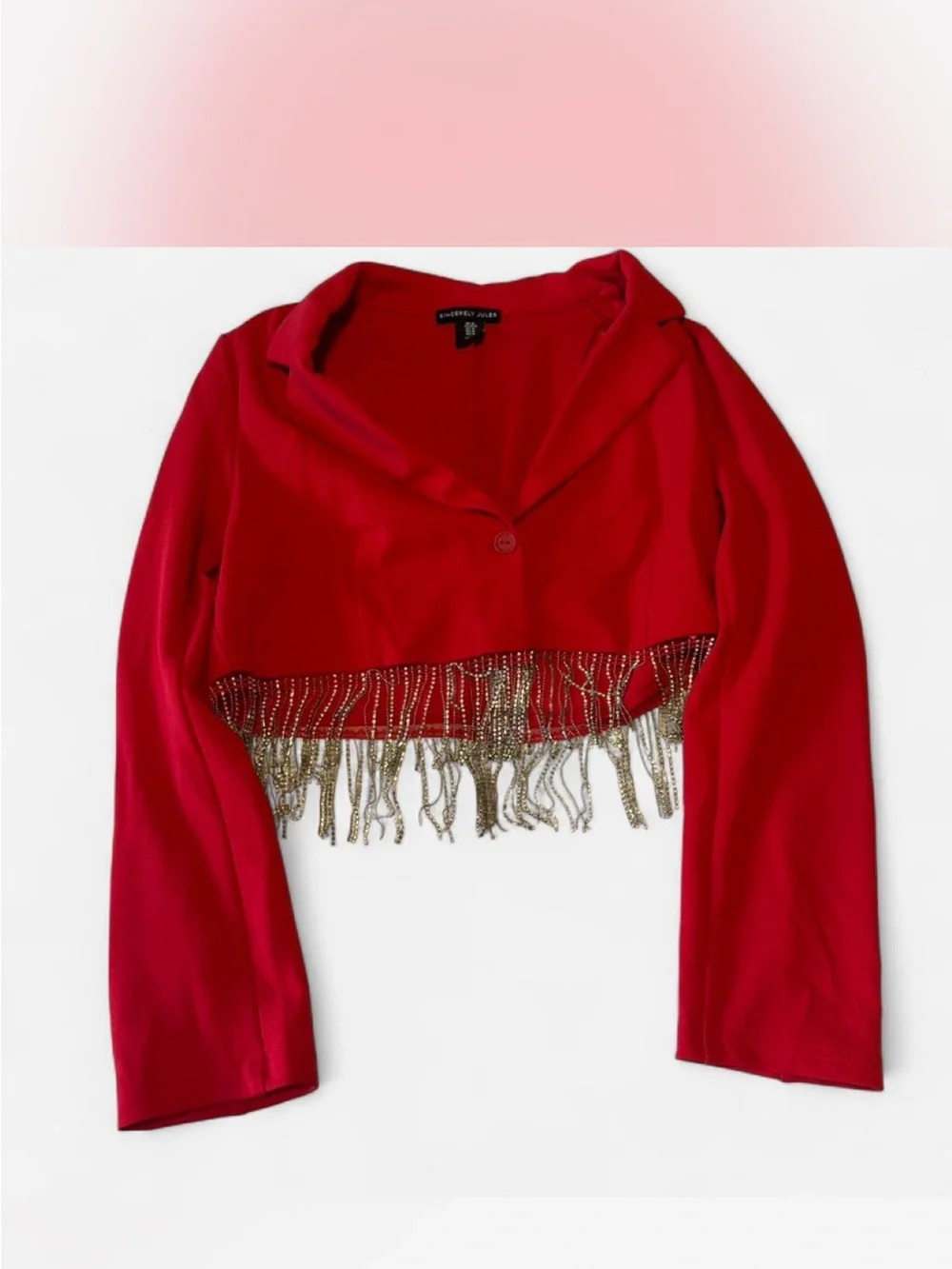 DKNY Red Cropped Blazer with Gold Beaded Fringe